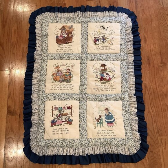 Handmade Childrens Blanket Quilt With Cross Stitch Nursery Rhymes Kitschy 45”x32 - Picture 1 of 13